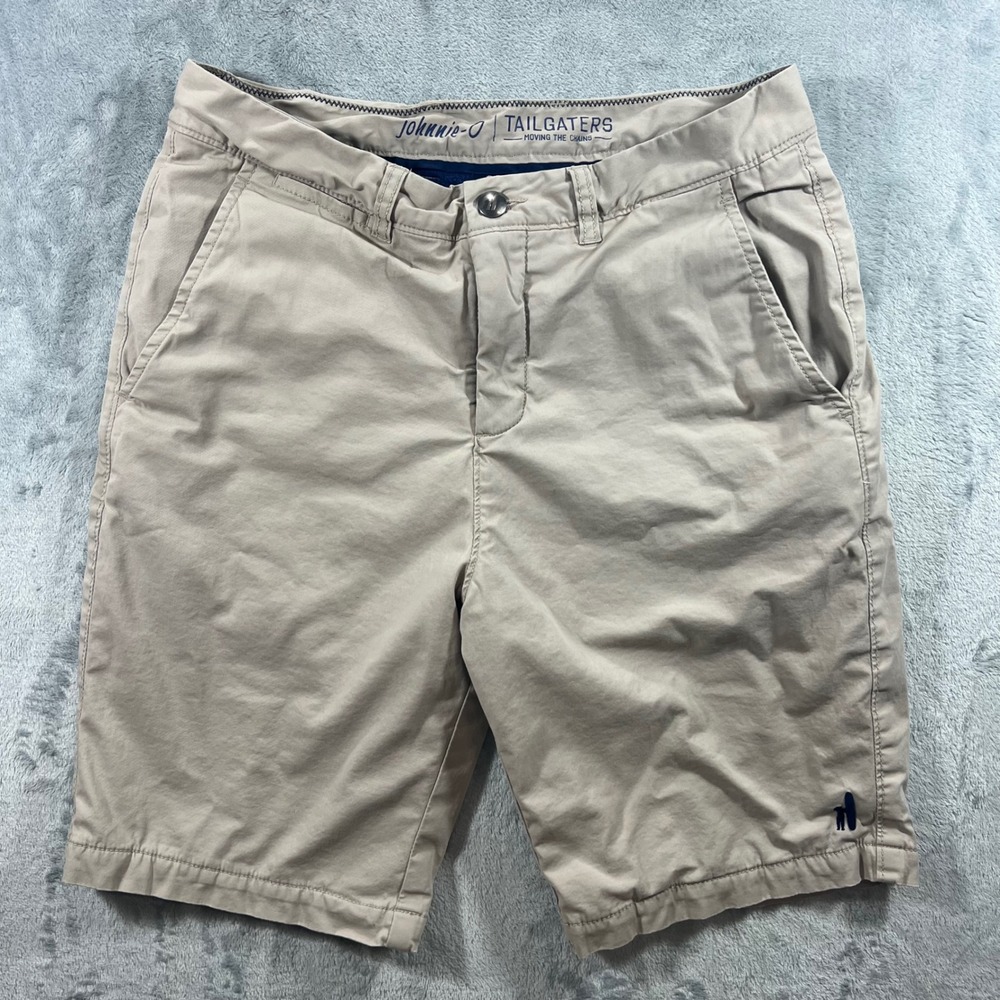 JOHNNIE-O Tailgaters Shorts Mens 33 Khaki Fleece Lined Chino Bottle Opener